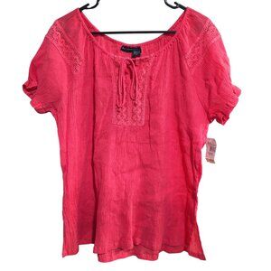 NWT Bay Studio XL Coral Lace Crochet Boho Peasant Short Sleeve Top